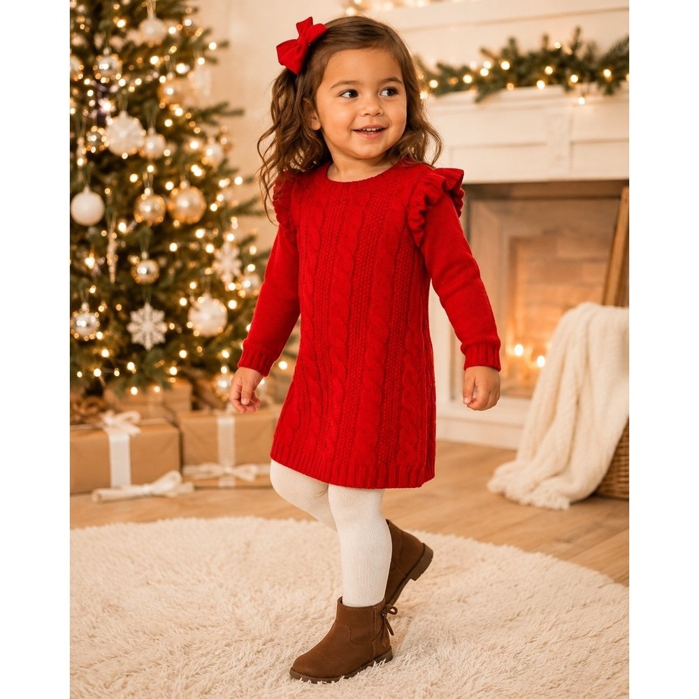 Carter's Girls Red Cable Knit Sweater Dress 3T Ruffle Shoulder Long Sleeve